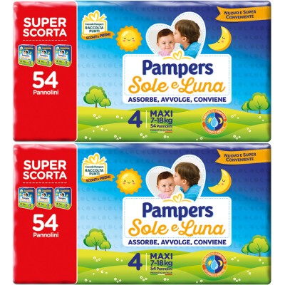 Kit Pannolini Pampers Sole e Luna 4 MAXI 7-18kg 2 Pacchi da SUPER SCORTA 54pz