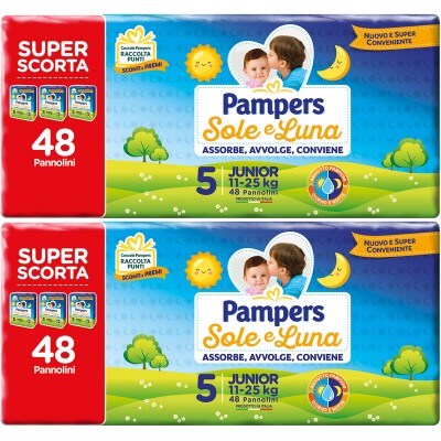 Pampers Sole y Luna 5 Kit de pañales JUNIOR 11-25kg 2 Paquetes de SUPER STOCK 48pcs Kit Pannolini Pampers Sole e Luna 5 JUNIOR 11-25kg 2 Pacchi da SUPER SCORTA 48pz