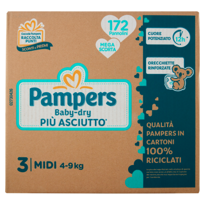 Pañales Pampers Baby Dry Maxi 7-18 Kg Talla 4 (100uds) Pannolini Pampers Baby Dry Midi 4-9 Kg Misura 3 (172pz)