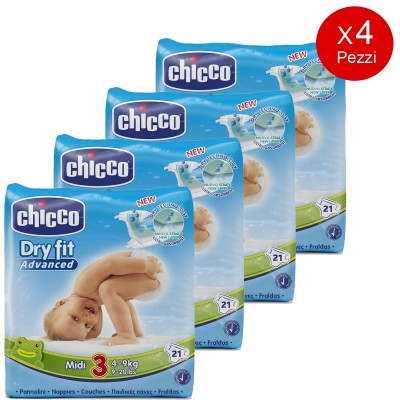 4 Confezioni di Pannolini Chicco Dryfit Advanced 4-9 Kg (84pz) Misura 3